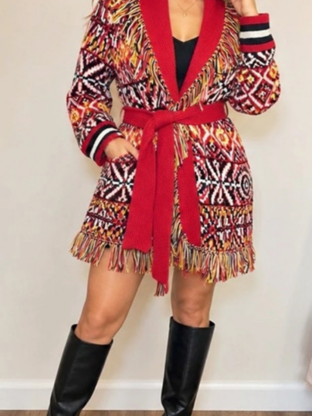 MOTHER The Belted Short Cardigan Geometric Fringe Red & Multicolor